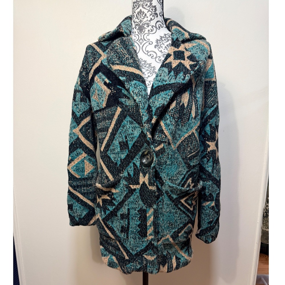 Free People Southwestern Aztec Geometric Teal Knit Button Front Boho Fall Jacket